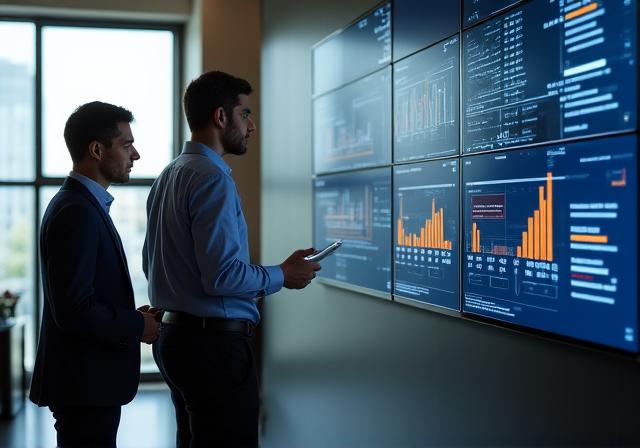 Consultants reviewing data on large screens in a London office