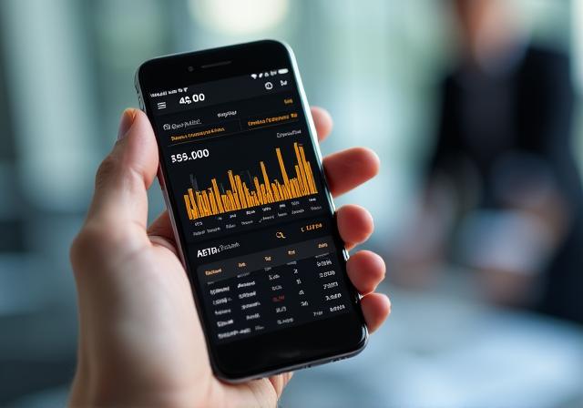 A mobile smartphone displaying high-contrast business intelligence graphs and charts