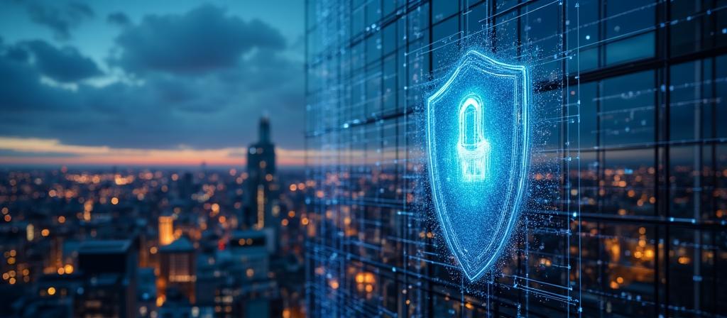 Conceptual image representing data security and privacy protection featuring a digital shield over a business environment