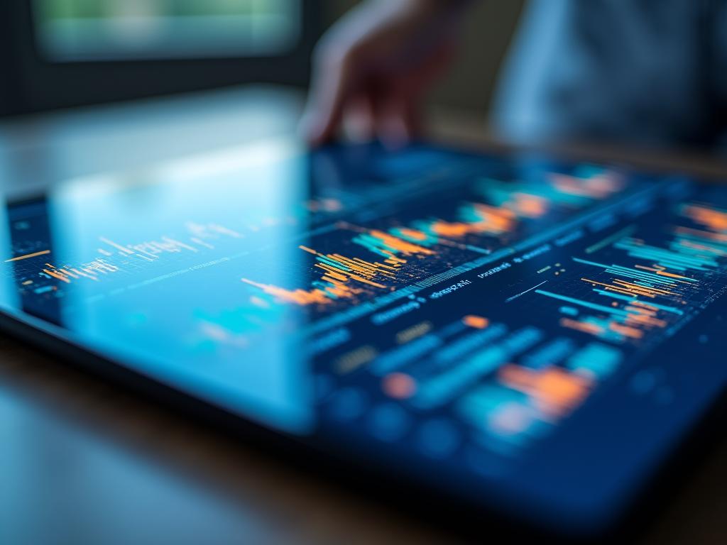 Close-up of a high-tech data visualization interface with graphs
